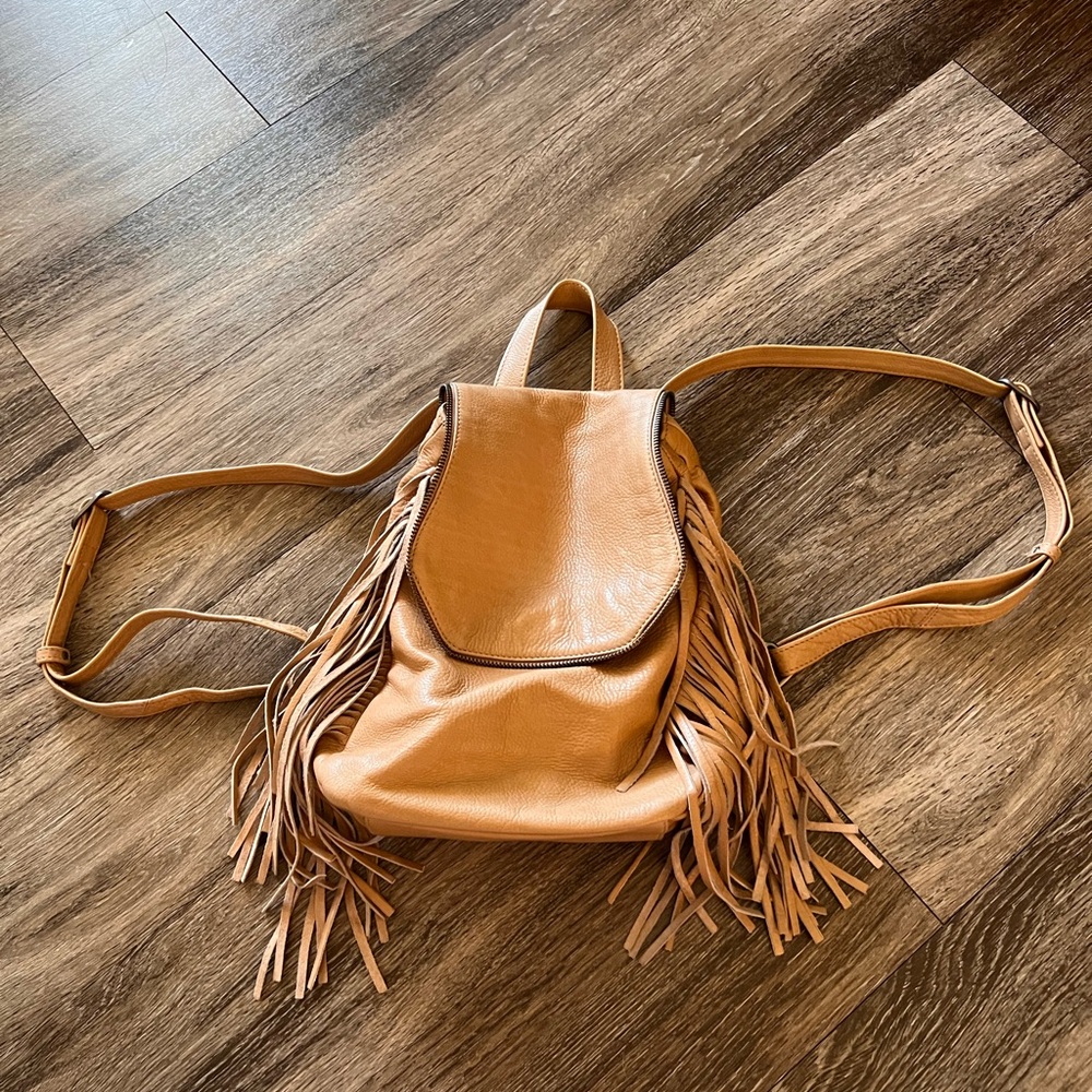 Tan Leather Fringe Women's Backpack